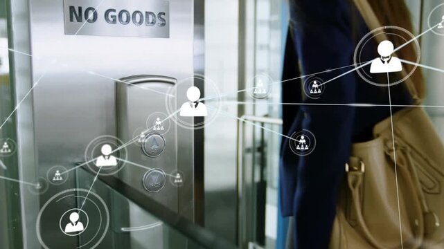 Animation of connected icons over midsection caucasian of businesswoman getting out of elevator