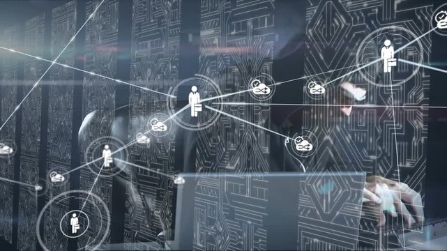 Animation of connected icons and circuit board patterns over caucasian hacker hacking system