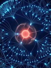 Fototapeta premium Dark indigo background with organized cluster of glowing nodes, large neon coral central hub with electric blue satellites, clean bezier curve connectors, soft particle halo.
