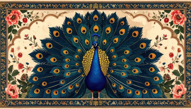 Magnificent Peacock Displaying Its Vibrant Plumage Amidst Floral Decorations.