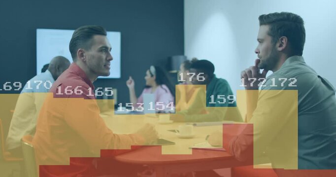 Animation of statistical data processing against two diverse men discussing at office