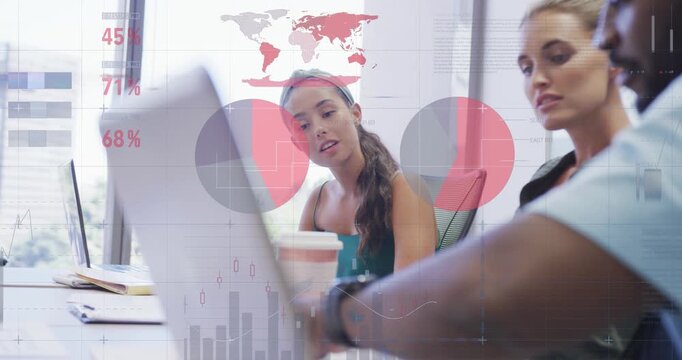 Animation of statistical data processing over diverse colleagues discussing over a laptop at office