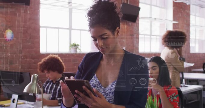 Animation of globes, loading circles, bars, woman scrolling on digital tablet in classroom