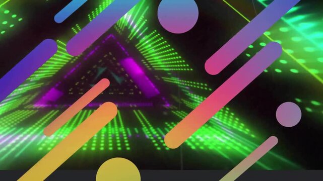 Animation of circles and lines shapes moving over green neon tunnel on black background