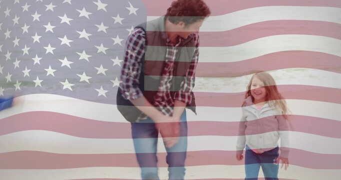 American flag animation over father and daughter smiling and playing outdoors