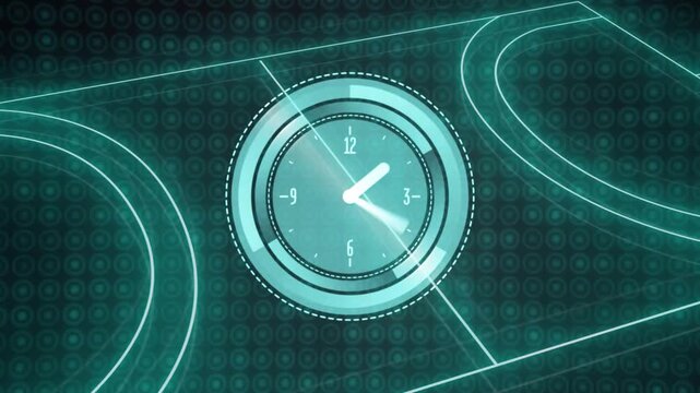 Futuristic clock animation with geometric patterns on digital background