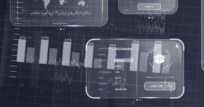 Animation of digital graphs overlaying financial data interface on computer screen