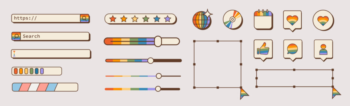 Retro computer UI element set with rainbow pride gradients. Nostalgic 90s internet browser bars, search fields, loading sliders, social icons for inclusive LGBTQ digital design. Vector illustration.