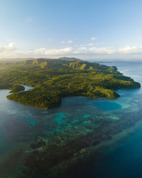 Aerial view of dense, verdant forests meeting turquoise waters, revealing vibrant coral reefs beneath the surface, Goro, South Province, New Caledonia.