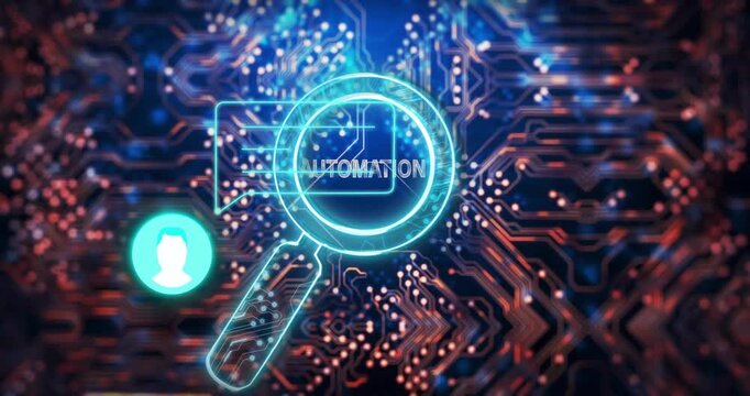 Animation showing magnifying glass highlighting automation on digital circuit board