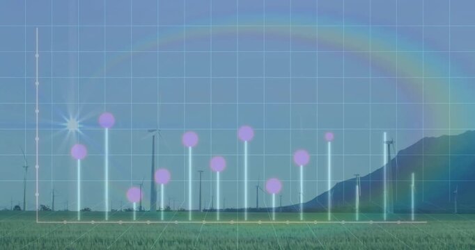 Graph with glowing dots and rainbow animation over wind turbines in landscape