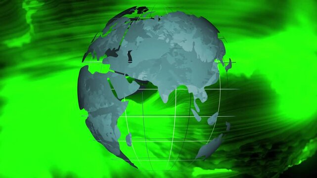 Stylized globe spinning in digital space, showing luminous grid lines against neon green swirl