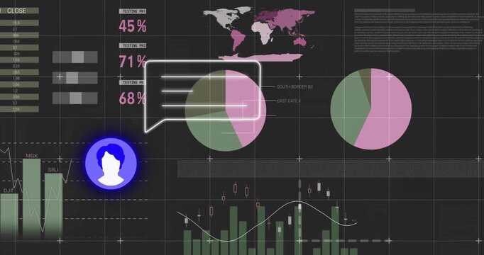 Blue user-avatar icon floating left beside stacked metrics and rotating pie charts on dark grid