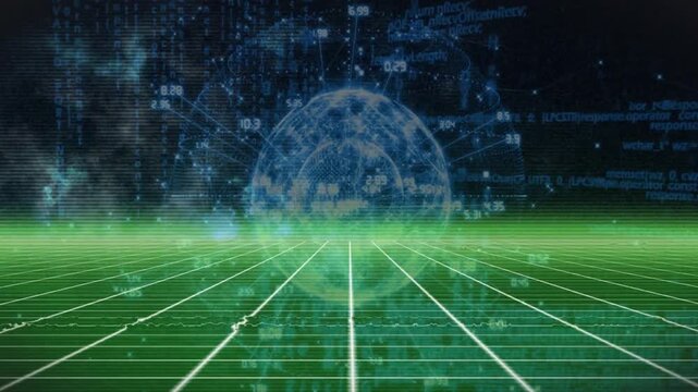 Green grid plane receding toward horizon, holographic globe hovering above, binary streams flowing