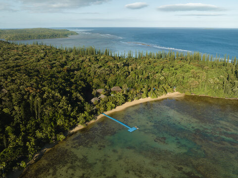 Aerial view of a serene beach where turquoise waters meet lush green forests, framed by the vast ocean under a clear sky, Goro, South Province, New Caledonia.