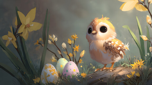 A small owl sits on a branch surrounded by spring flowers and decorated eggs.