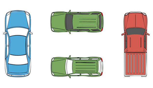 Flat Vector Top View Car Symbols with Color Fills for Architectural Site Plans Sedan, SUVs, Trucks