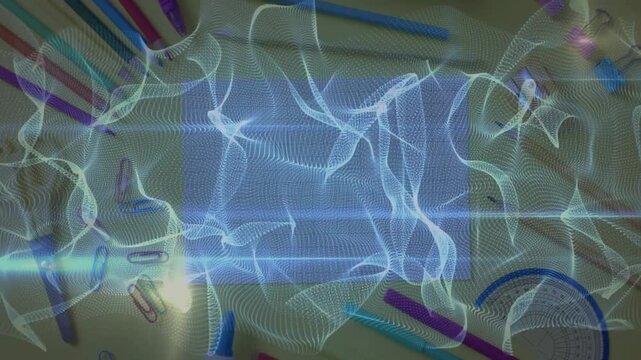 Faint grid wave appearing on paper initiating hologram unfolding pulsing dissolving amid stationery