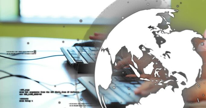 Two sets of typing hands collaborating on technology data launching globe overlay displaying points