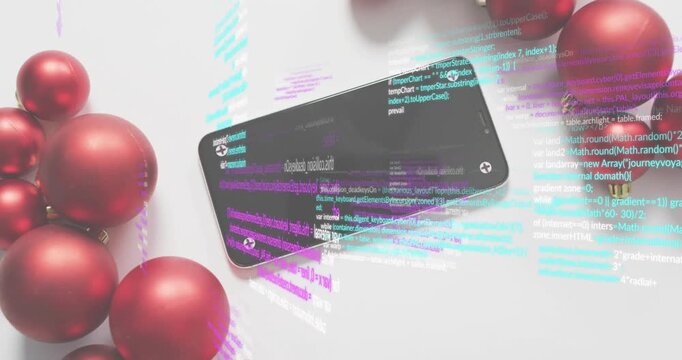 After pause code streams drifting around rotating smartphone and red baubles showing code flow
