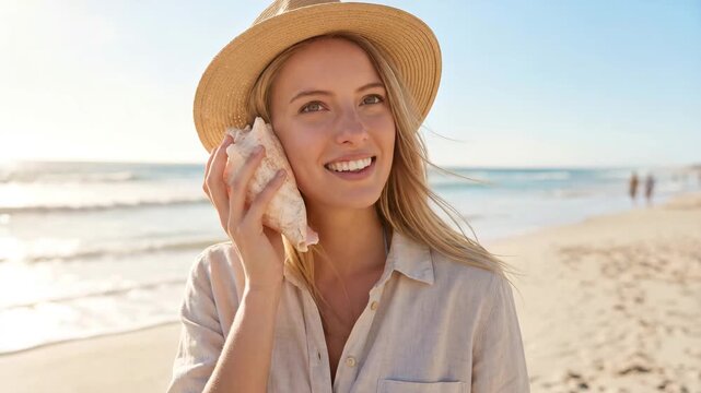 Smiling young woman holding a seashell to her ear on a sunny beach, with ocean waves in background, showing travel, relaxation, summer vacation, and carefree coastal lifestyle.