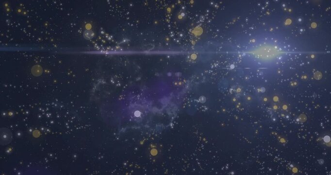 At start particles drifting over starfield while nebula emerging lens flare sweeping illuminating
