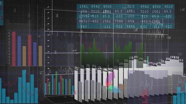 Business dashboard assembling, panels sliding, teal matrix, 3D bars rising, charts updating
