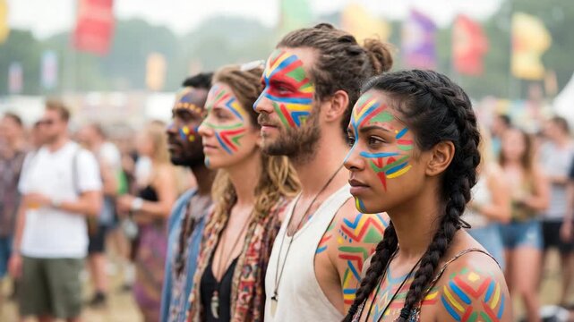 Group of young people with colorful face paint standing at an outdoor festival, showing creativity, community, cultural expression, and entertainment lifestyle in a lively social environment.