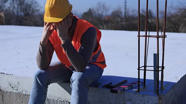Construction worker having a depressed period, headache, issues on a construction site outdoors.