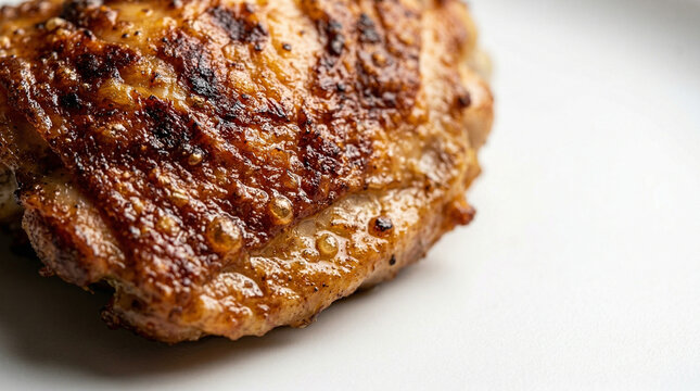 Halal Chicken Thigh Maillard Crust Browning Surface Raking Light Macro White Background Studio Photography