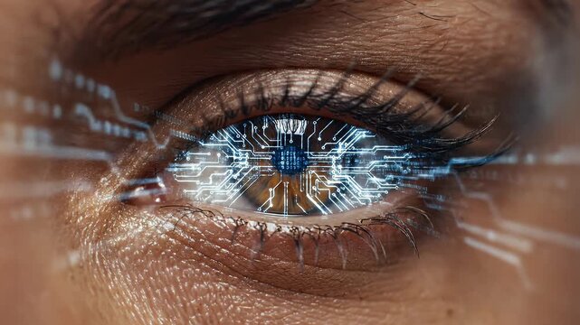 A close-up shot showcases a human eye with a vibrant golden glow and overlaid digital circuitry, suggesting a futuristic or technologically enhanced vision.