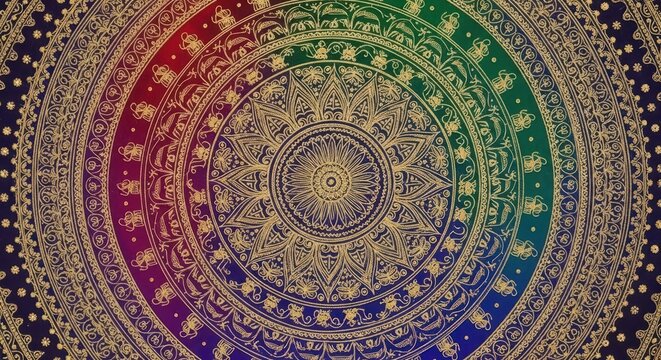 Intricate Rainbow Mandala Pattern with Golden Ornate Details.