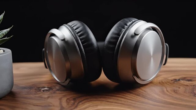 A pair of sleek silver headphones rests beside a small potted succulent on a wooden surface, creating a modern and minimalist aesthetic.