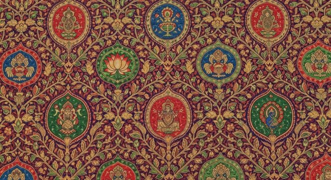 Intricate Tibetan Buddhist Thangka Art Textile Pattern.