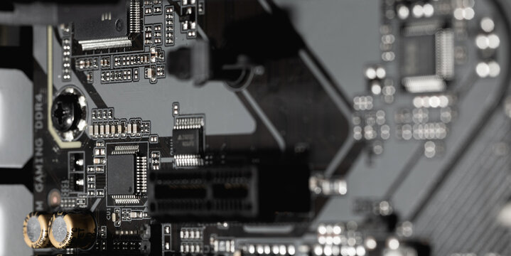 Inside the computer case, pc, computer hardware components closeup