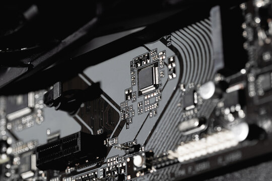 Inside the computer case, computer hardware components closeup