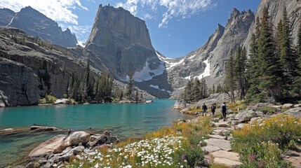 Obraz premium Sunlit granite valley with an emerald alpine lake and pine forest in summer