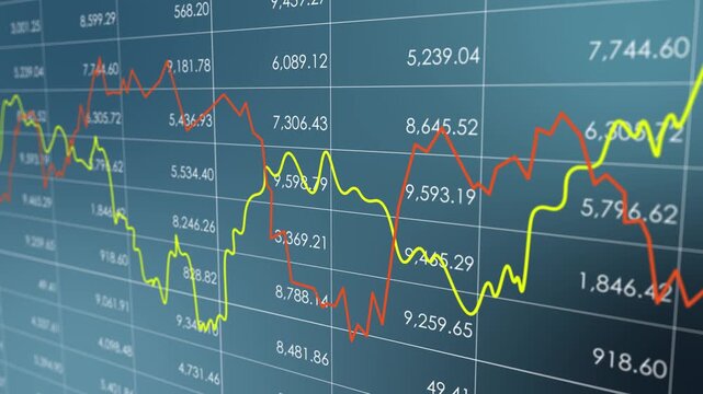 Financial investment graph management business, broker global economic exchange, line chart stock market and table price, move and volatility report statistic