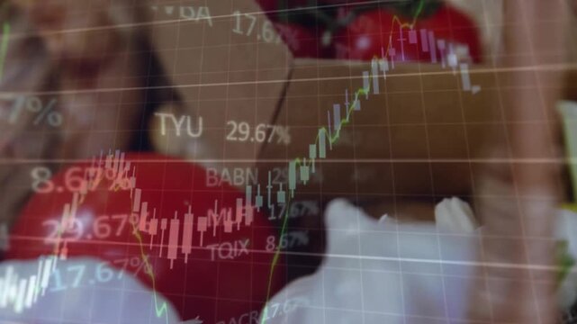 Stock chart overlay appearing on start, sweeping produce and covering vendor, showing finance data