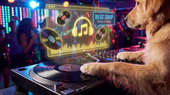 Golden retriever dog playing music on a DJ turntable in a nightclub. Funny pet with holographic interface and neon lights. Party and entertainment concept