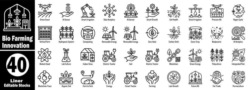 Line art icons for bio farming innovation and sustainable agriculture.