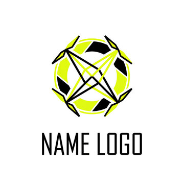 A futuristic drone logo featuring a stylized pentagram design on a circular background with abstract black and yellow accents.