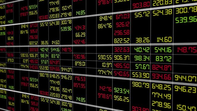 Stock table asset market price long display screen, investment exchange monitor trading index, economic global platform concept