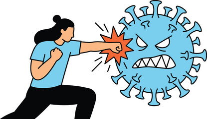 Fototapeta premium Woman Fighting Virus Concept Illustration with Female Punching Germ Symbolizing Immunity, Strength, Health Protection, and Disease Prevention Vector Design