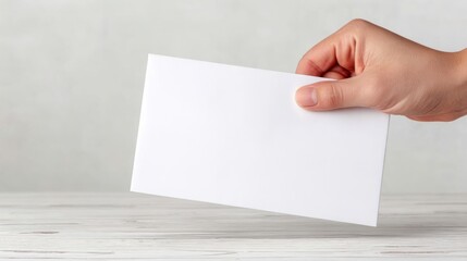 Obraz premium Woman holding blank white envelope. Business correspondence or personal letter template. Mockup for message, invitation, greeting card or announcement. Communication and document concept.