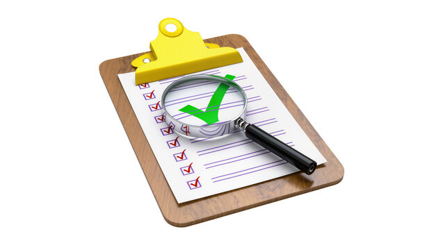 Wooden clipboard with document barcode checkmark, and magnifying glass