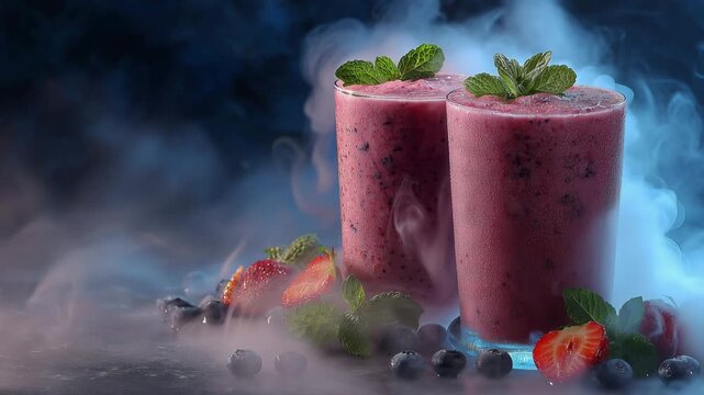 A showcasing two glasses of smoothie with strawberries and blueberries in a dark background with smoke