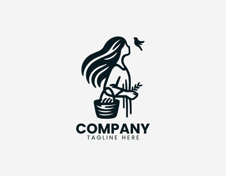 Girl holding bread basket looking at bird black vector logo illustration isolated on white background