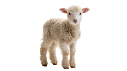 Fototapeta premium Fluffy White Lamb Standing on Four Legs with Pink Nose