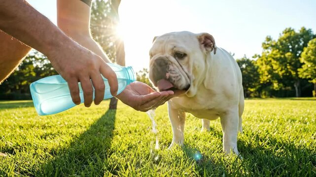 Summer outdoor heat stroke emergency dog drinking water from hand, dehydration exhaustion fatigue danger risk in extreme warming sunlight, showing vulnerability and health concern